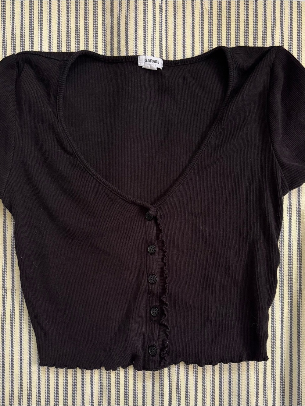 Garage Black Ribbed Cropped Button-Front Top